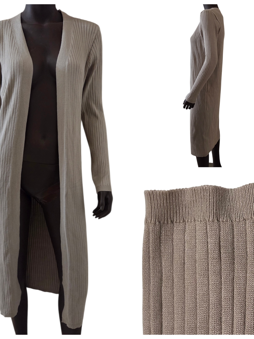 DAISY Rib-Knit Long Sleeve Open Front Maxi Cardigan Large Beige Latte New w/Tags